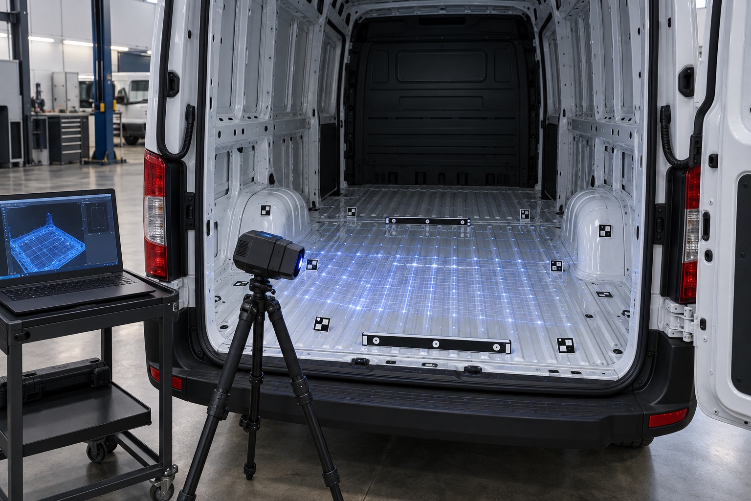 Illustrative structured-light scanning setup capturing a bare high-roof cargo van floor